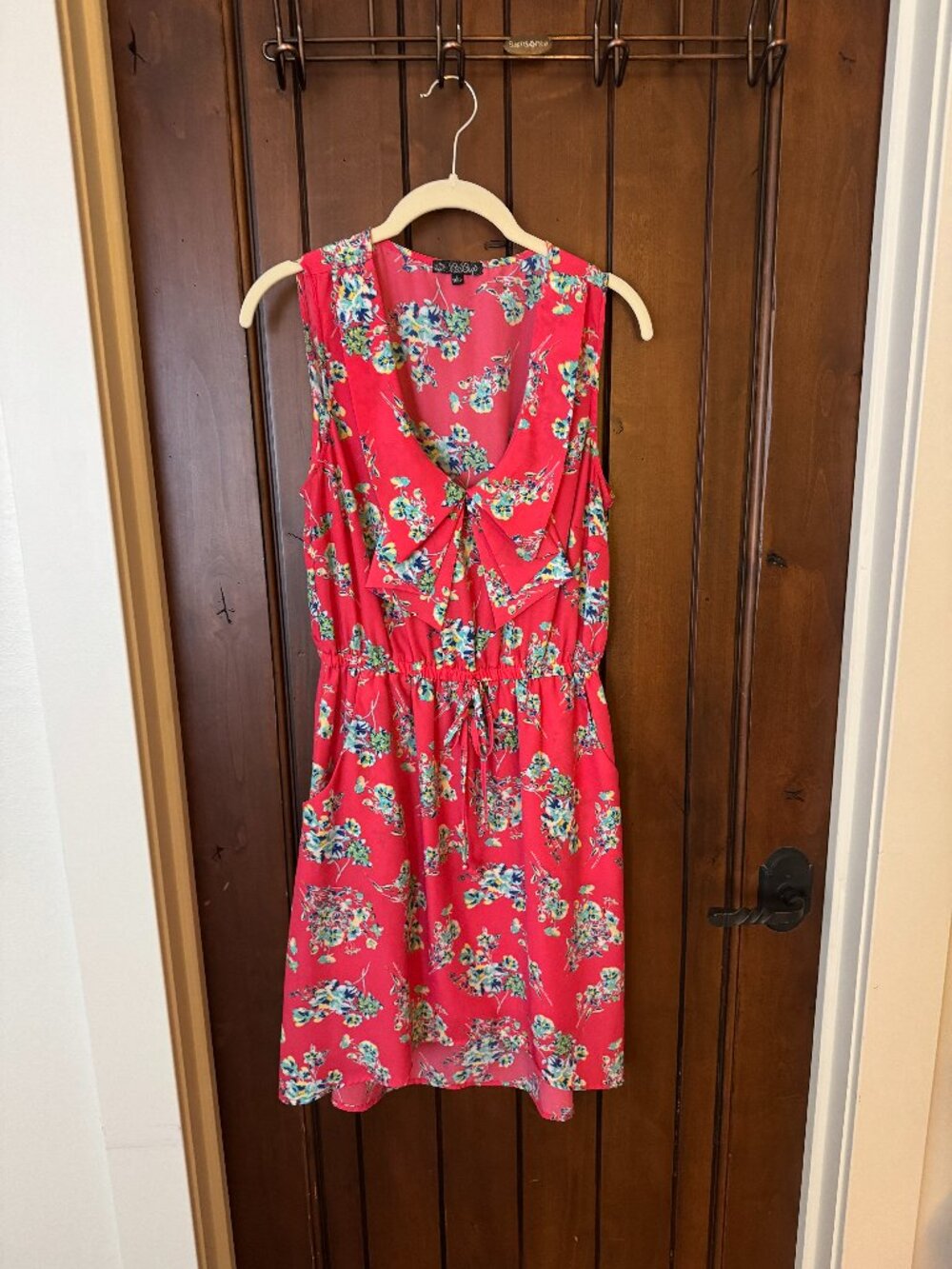 Floral Pink High Low Knee-length Sleeveless Dress, Pockets, Lined, Small
